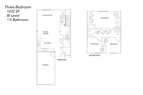 A floor plan of a three bedroom, 1232 square foot bi-level home with a 1.5 bathroom.